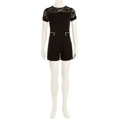 Girls black ribbed lace insert playsuit